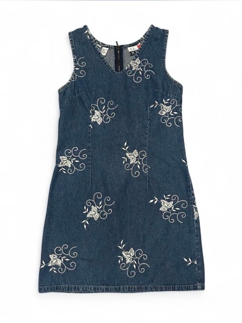 Denim Floral Embroidered Vintage Dress - Blue